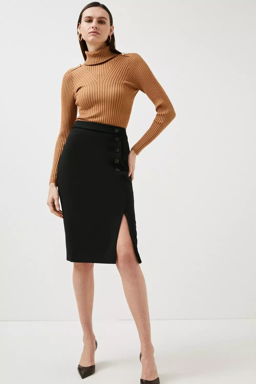 Compact Stretch Button Detail Pencil Skirt