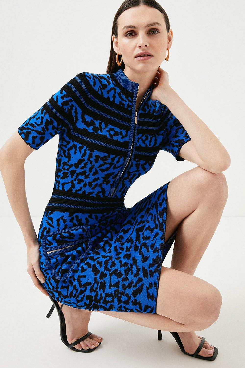 Mix Animal Jacquard Knit Zip Detail Dress | Karen Millen