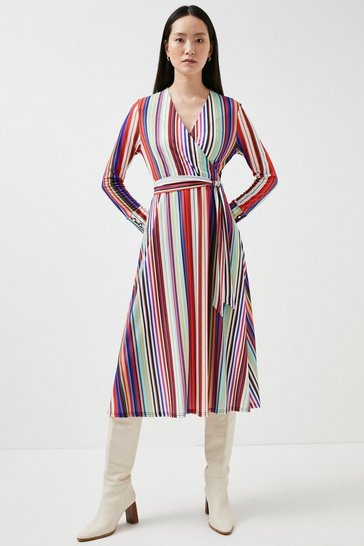 Multi Stripe Midi Jersey Wrap Dress ...