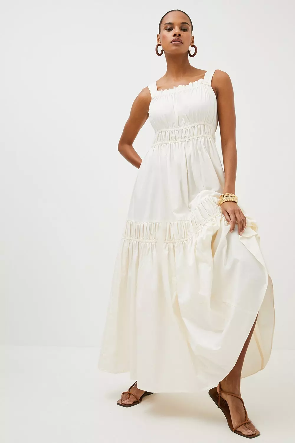 Shirred Cotton Poplin Woven Maxi Dress | Karen Millen
