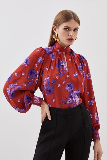 Red Floral Woven Keyhole Blouse floral