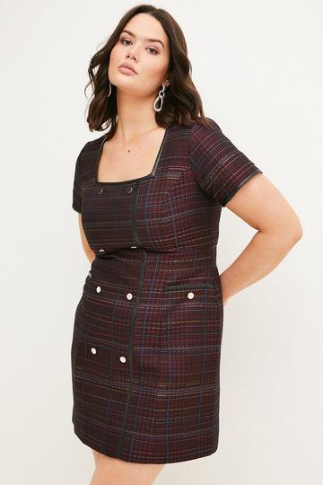 Plus Size Check Jacquard Button Mini Mini Dress merlot