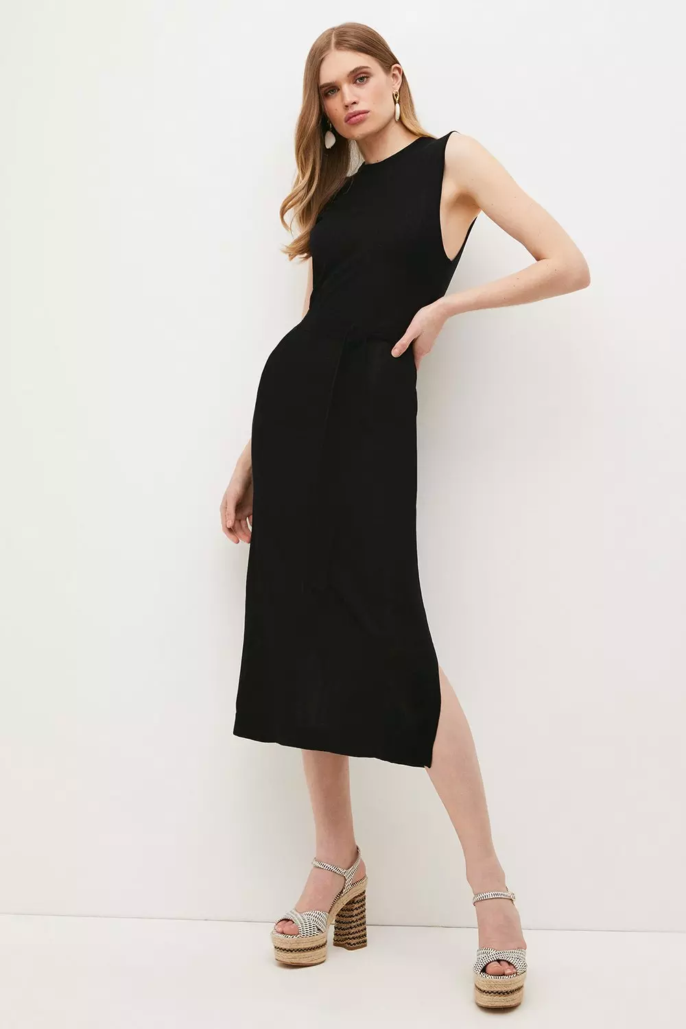 Viscose Blend Knit Tie Front Sleeveless Midi Dress