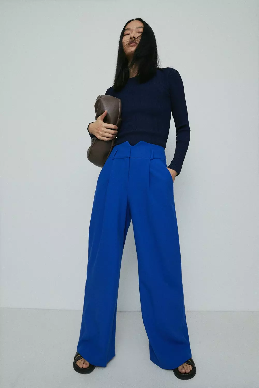 Blue Fleck, High Waist Wide Leg Trousers