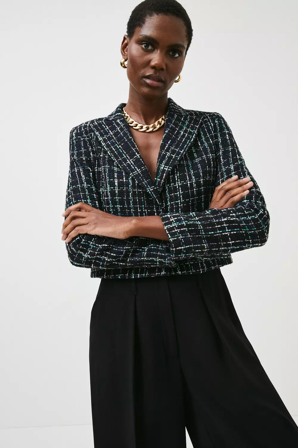 Contrast Boucle Tweed Cropped Jacket | Karen Millen