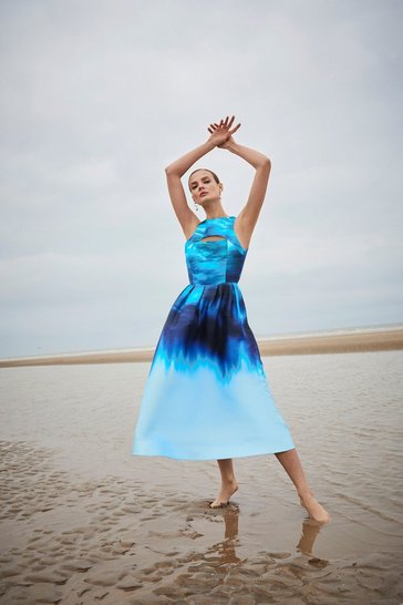 Cosmo Print Structured Midi Prom Dress