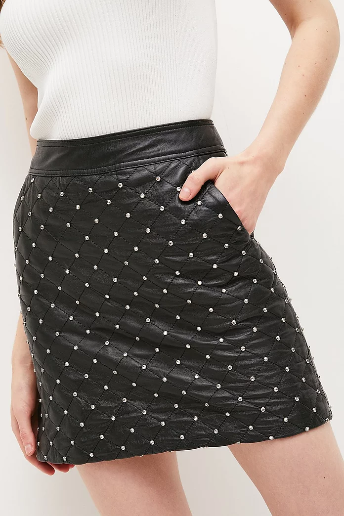 Leather Crystal Stud Quilted Aline Skirt