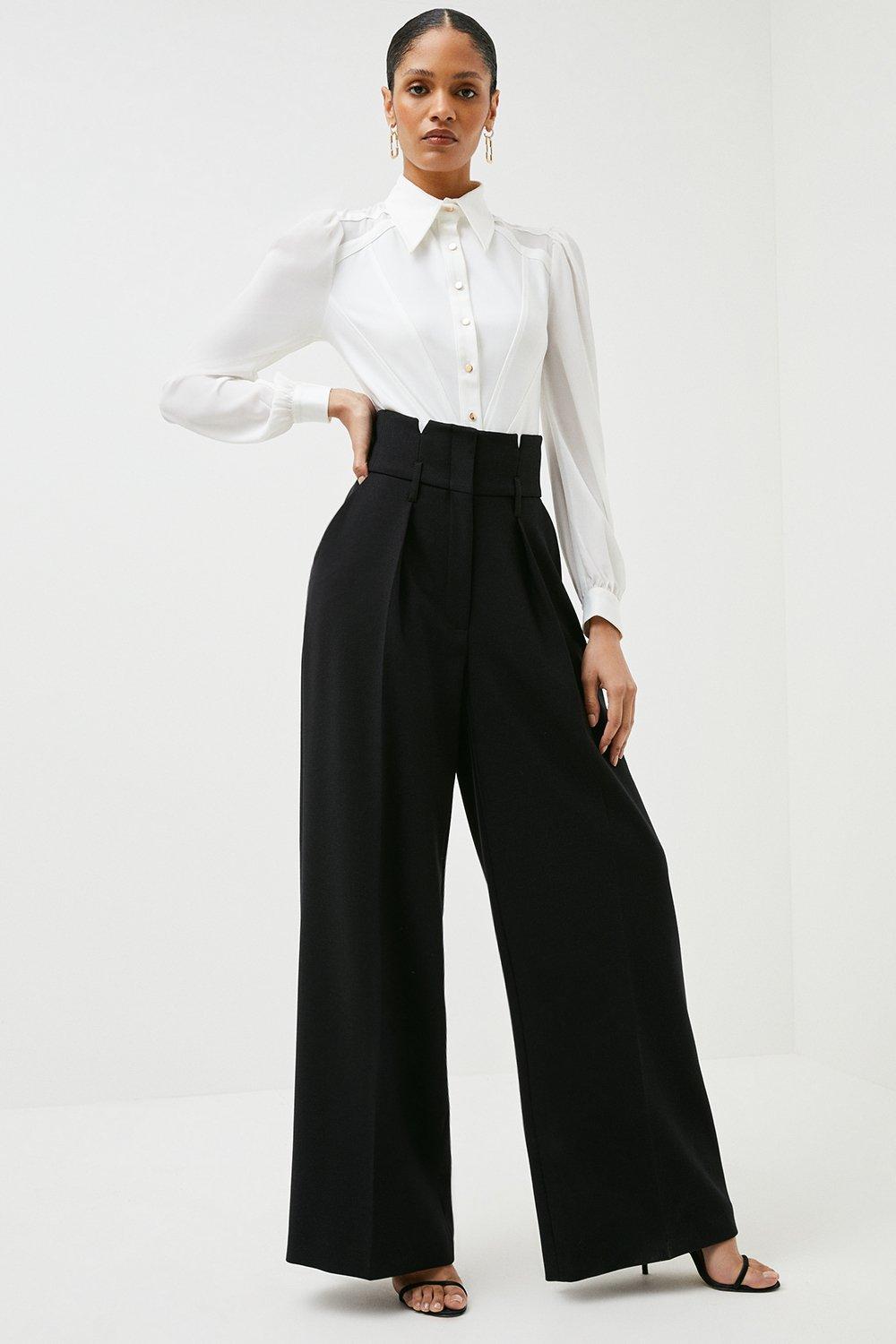 Petite Black Contrast Waistband High Waisted Trousers | New Look