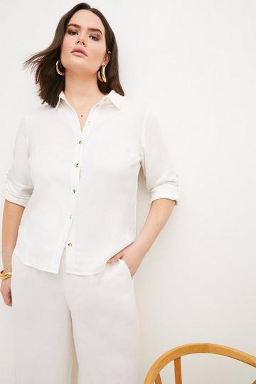 Plus Size Linen Viscose Woven Long Sleeve Shirt white