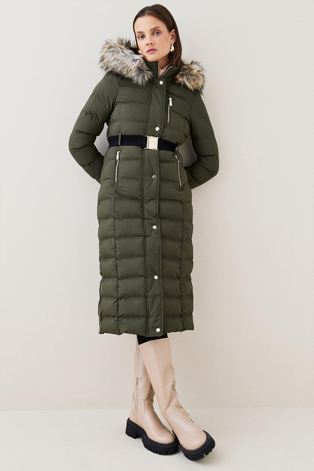 Belted Puffer Faux Fur Maxi Hooded Coat