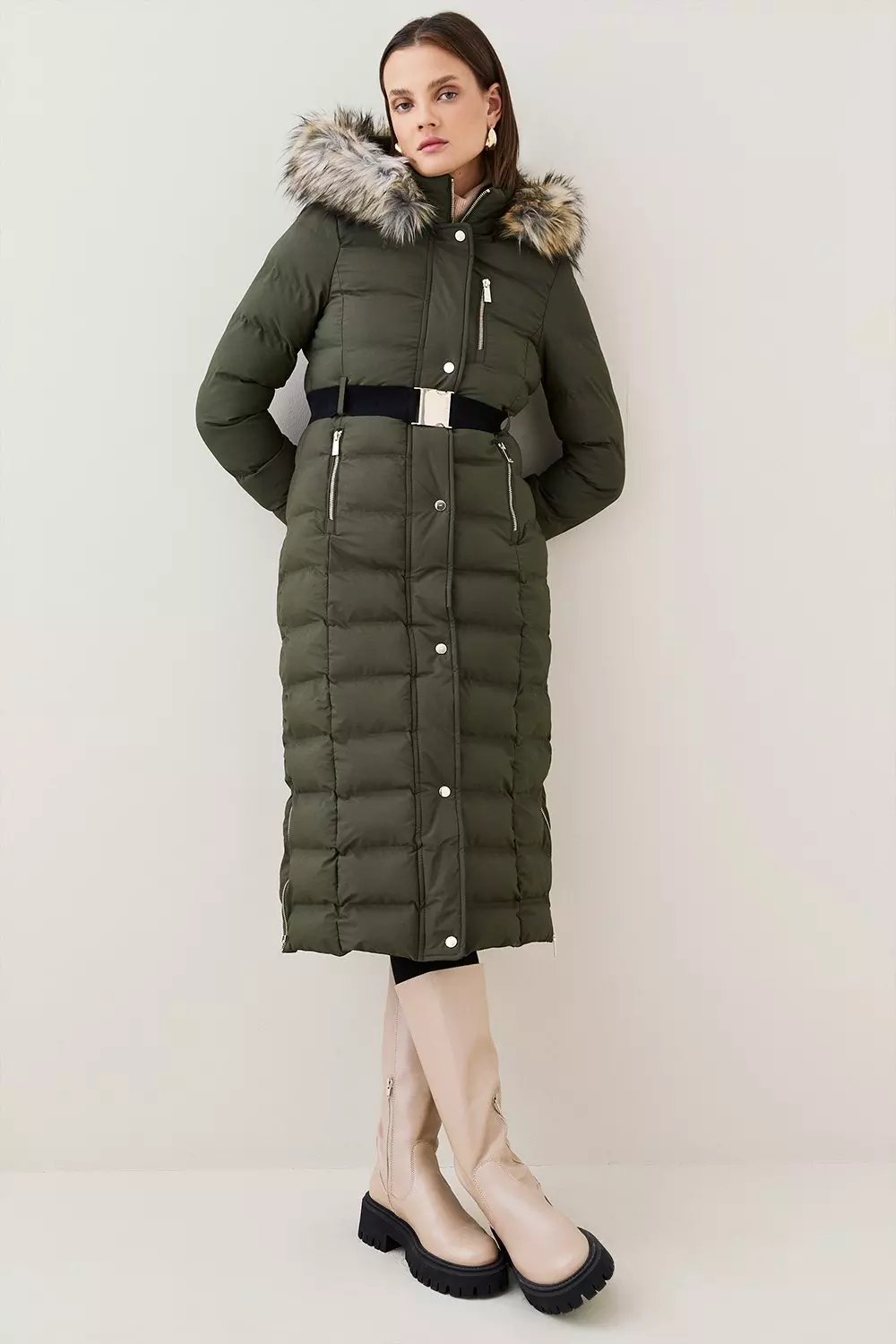 Fluffy hood store coat with belt