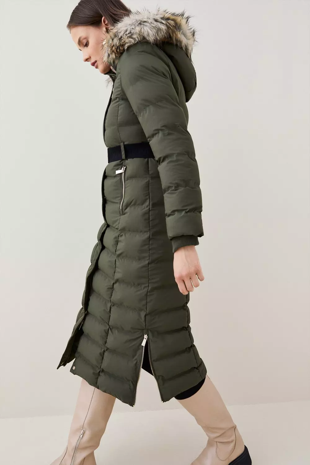 Khaki puffer coat with best sale fur hood