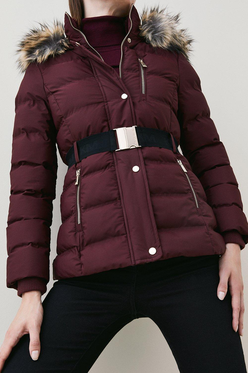 Burgundy puffer jacket with best sale fur hood