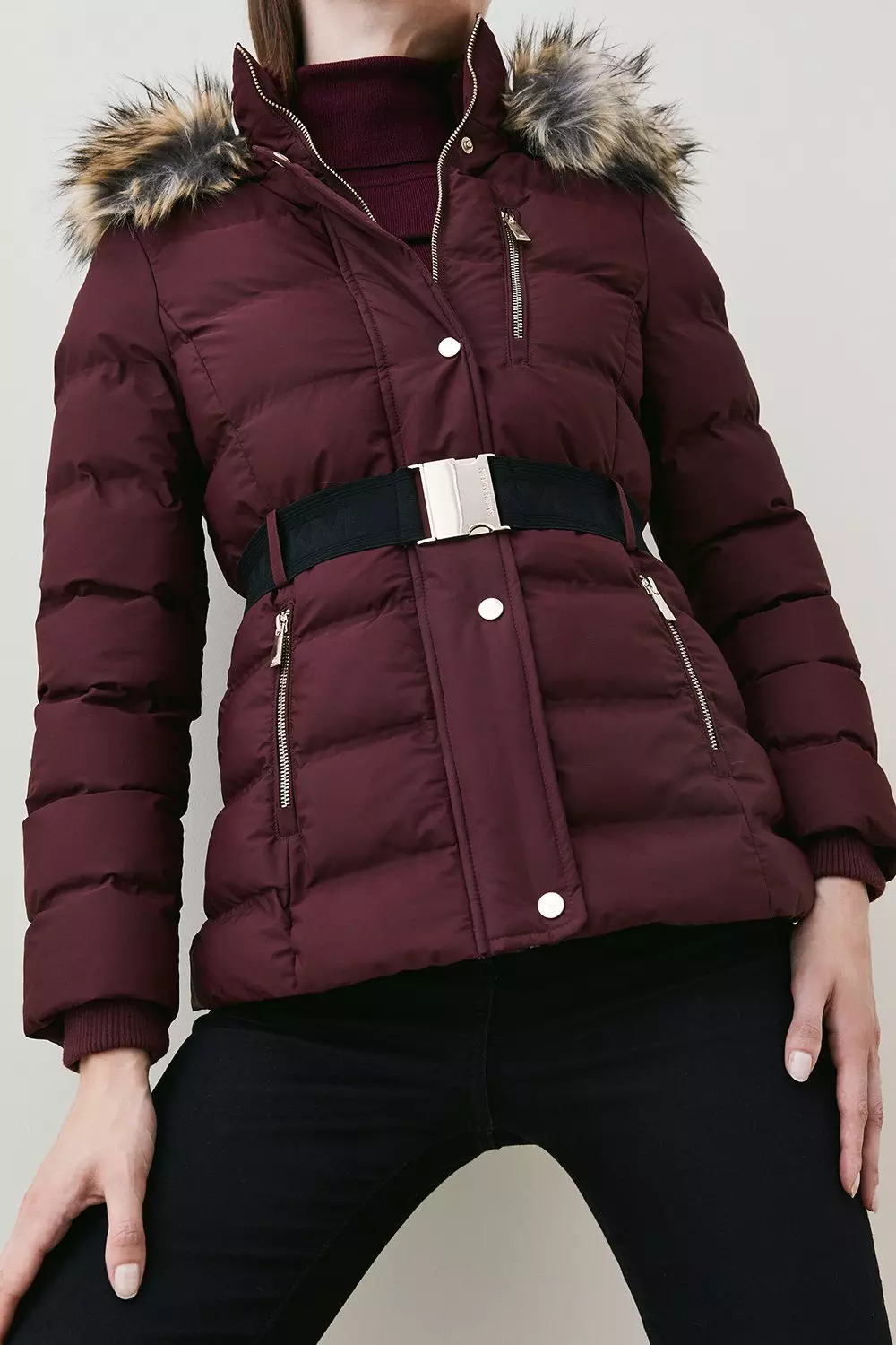 Belted Puffer Faux Fur Short Hooded Coat Karen Millen