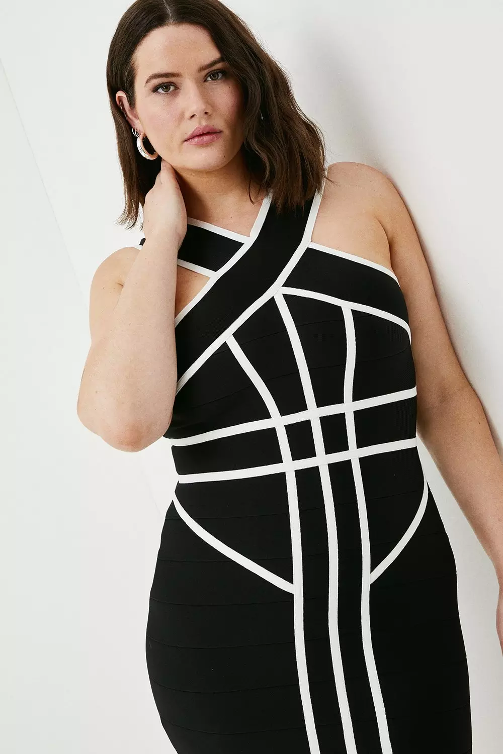 Plus Size Bandage Knit Contrast Cross Front Dress