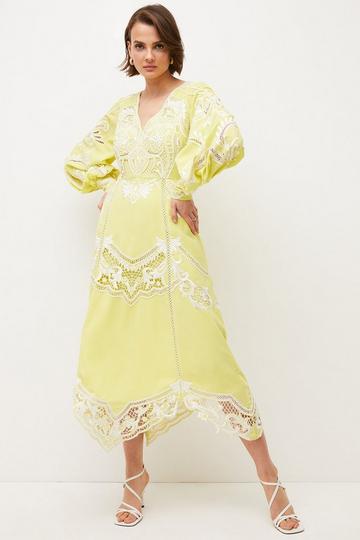 Cutwork Beaded Drama Sleeve Woven Midi Dress lime
