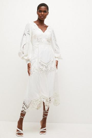 White Cutwork Beaded Drama Sleeve Woven Midi Dress
