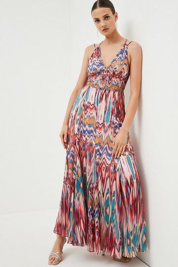 Red Tie Dye Studded Woven Strappy Maxi