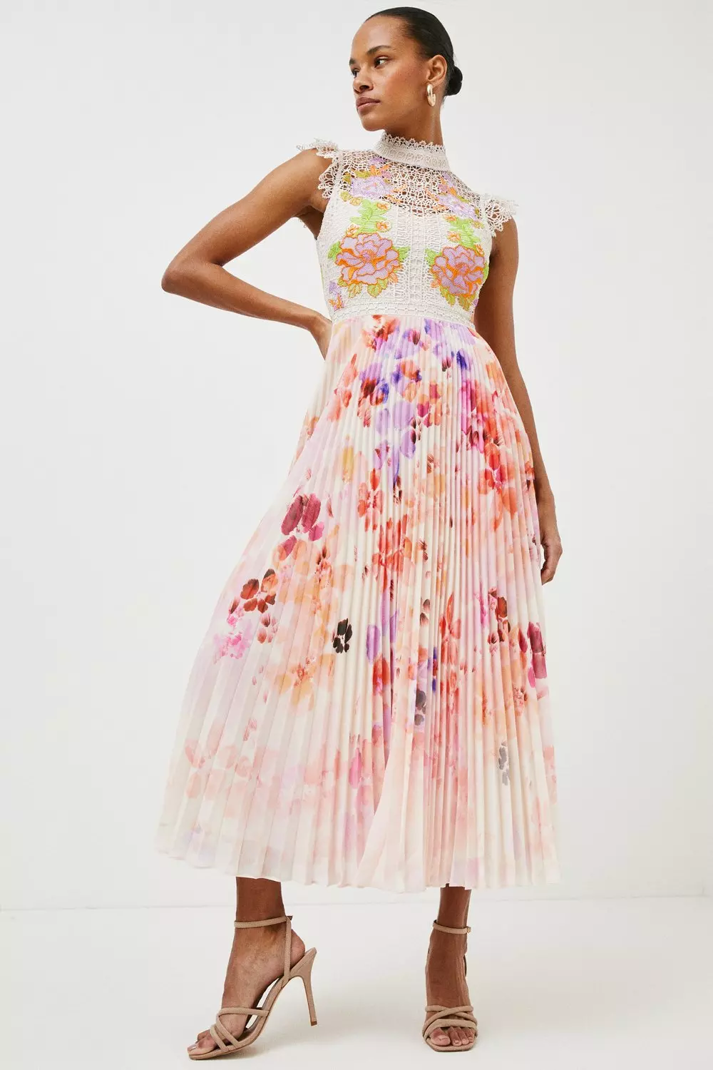 Guipure Lace Floral Woven Pleat Dress | Karen Millen