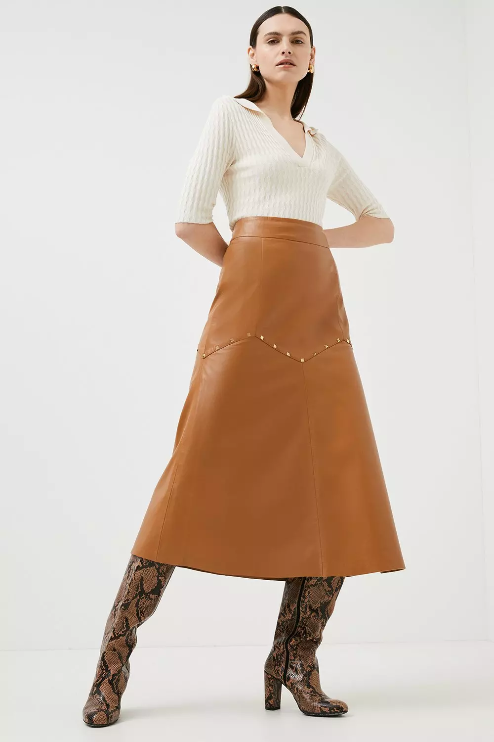 Leather Studded Seam Detail Midaxi Skirt