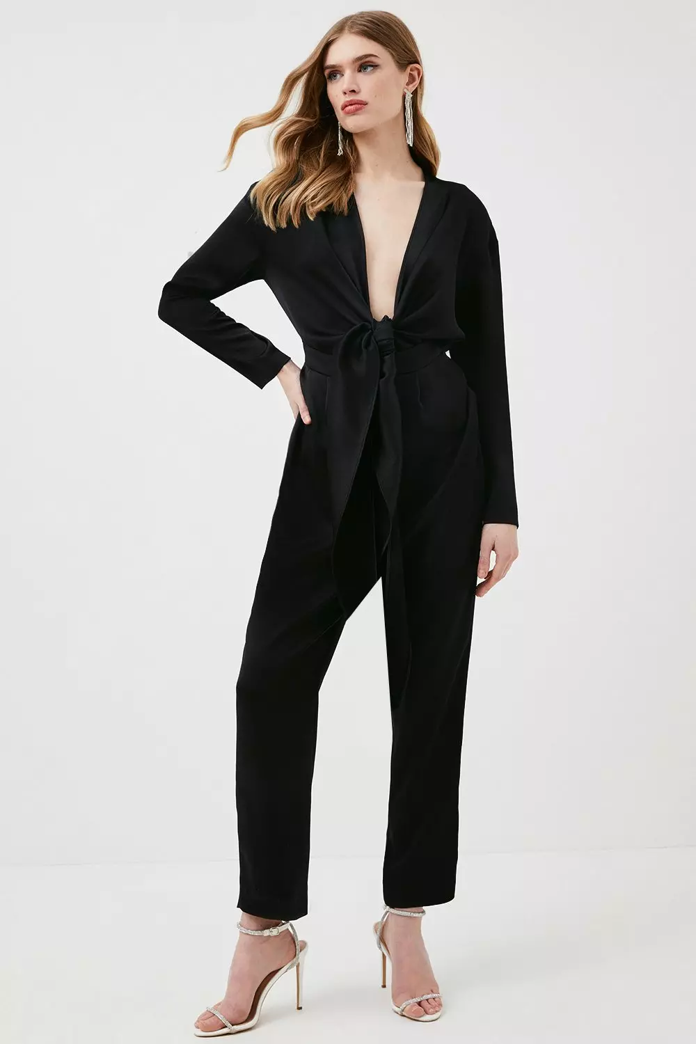 Satin Crepe Tie Front Jumpsuit | Karen Millen