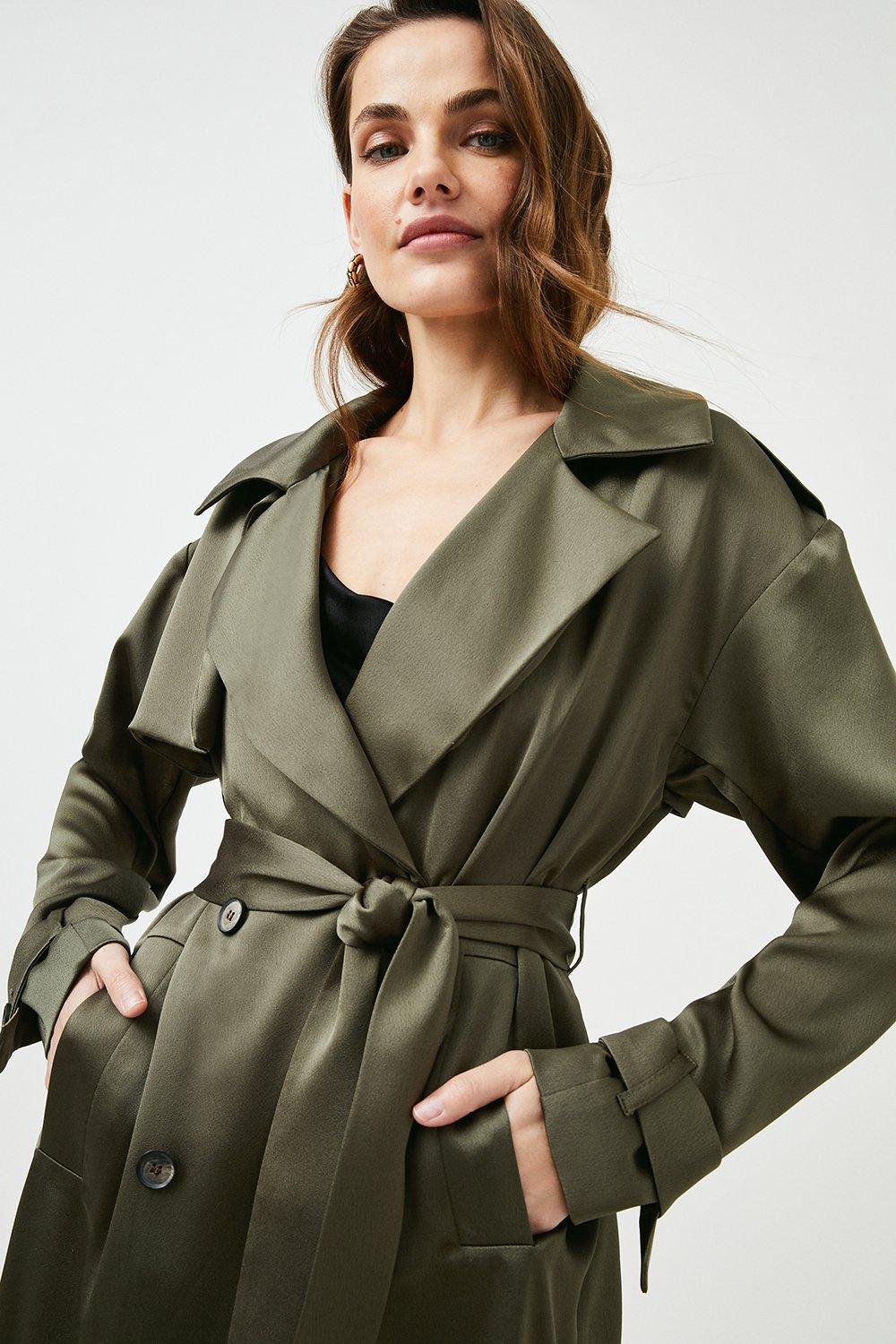 Karen Millen Womens Nylon & Woven Mix Belted Full Skirt Trench Coat - Khaki/Green - Size 4