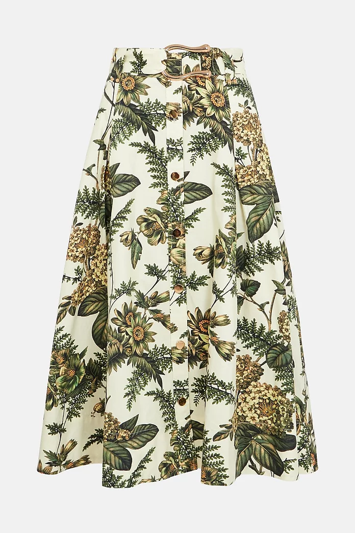 Vintage Toile Cotton Sateen Midi Belted Skirt
