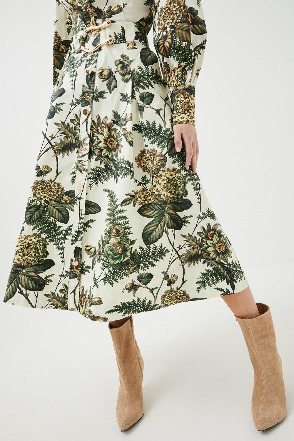 Cotton Sateen Midi Belted Skirt | Karen Millen