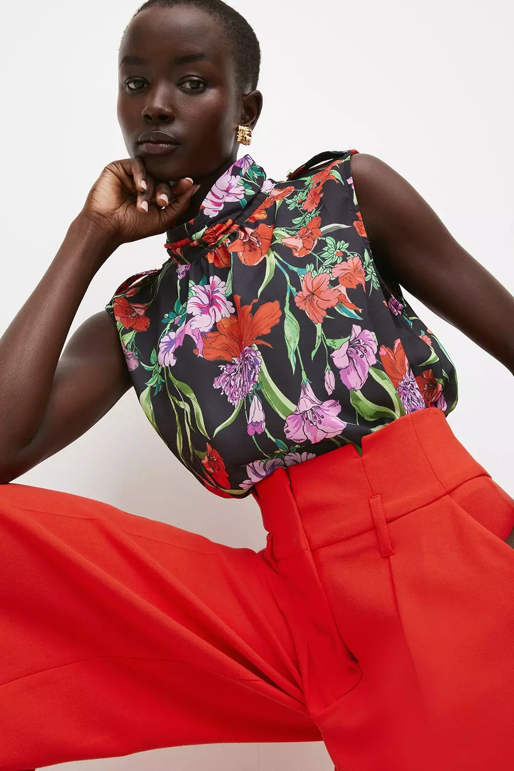 High Neck Pintuck Woven Floral Shell Top Karen Millen