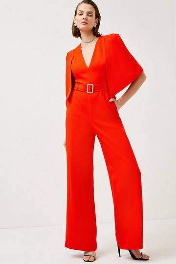 Red Compact Stretch Viscose Belted Flare Jumpsuit