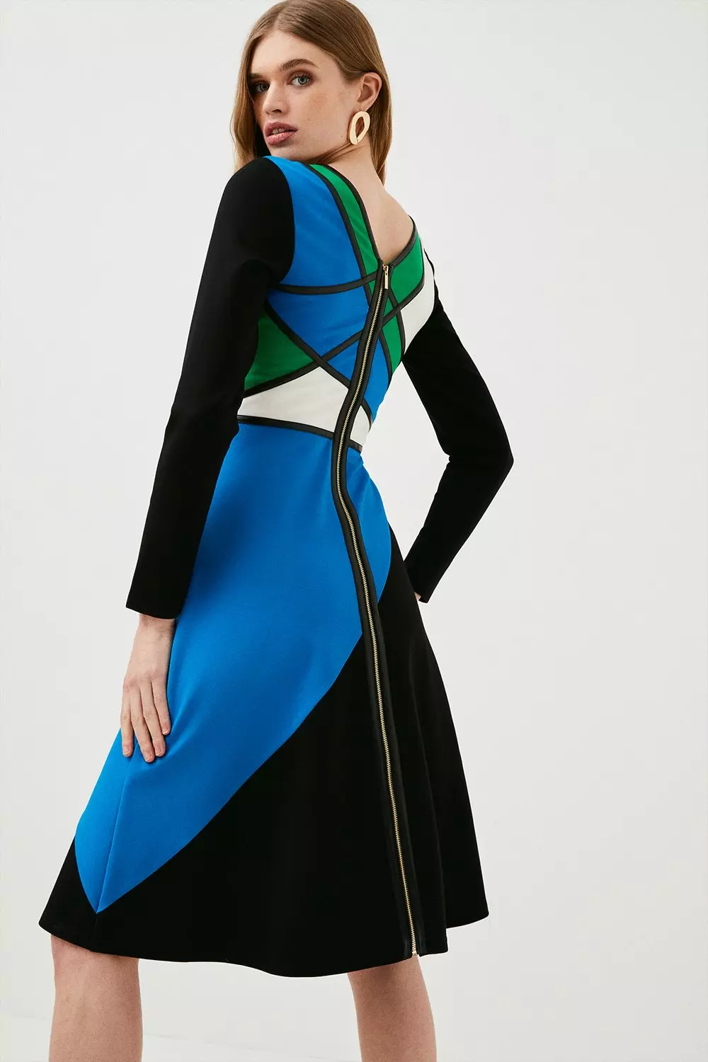 Pu Trim Detail Colour Block Midi Jersey Dress | Karen Millen