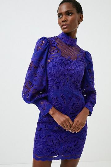 Cutwork Volume Sleeve Woven Mini Dress violet