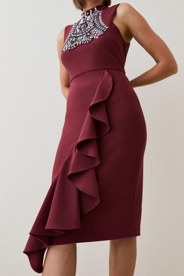 Embellished Ruffle Figure Form Crepe Midi Dress burgundy