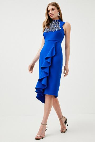 Cobalt Blue Embellished Ruffle Figure Form Crepe Midi Dress