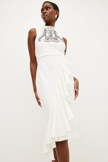 Embellished Ruffle Figure Form Crepe Midi Dress cream