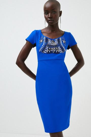 Cobalt Blue Embellished Scoop Figure Form Crepe Midi Dress