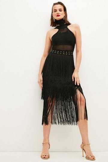 Black Figure Form Bandage Fringed Knit Midi Dress
