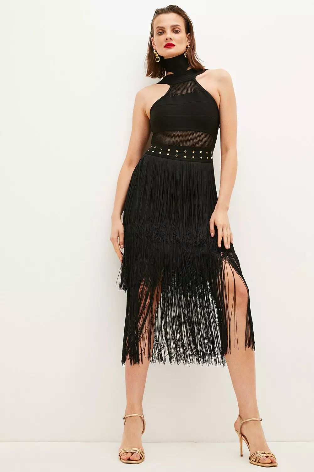 Long black fringe outlet dress