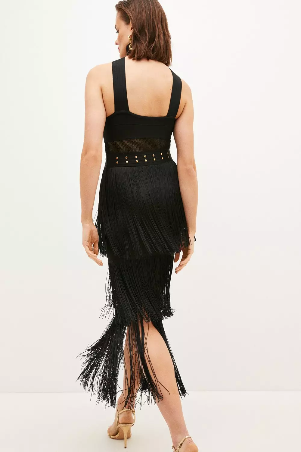 Cut Out Fringe Midi Dress - Black