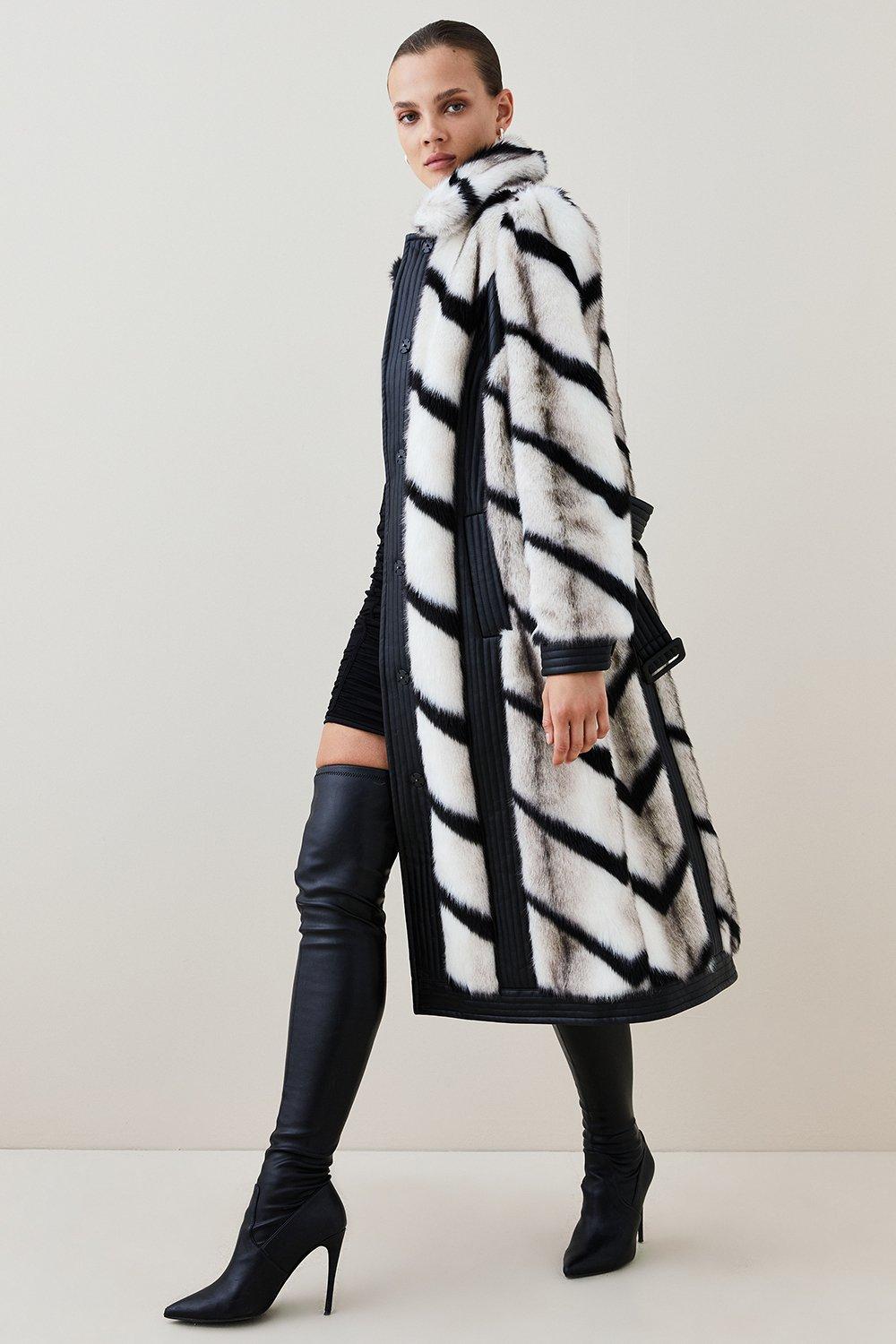 Panelled Stripe Faux Fur Pu Belted Long Coat