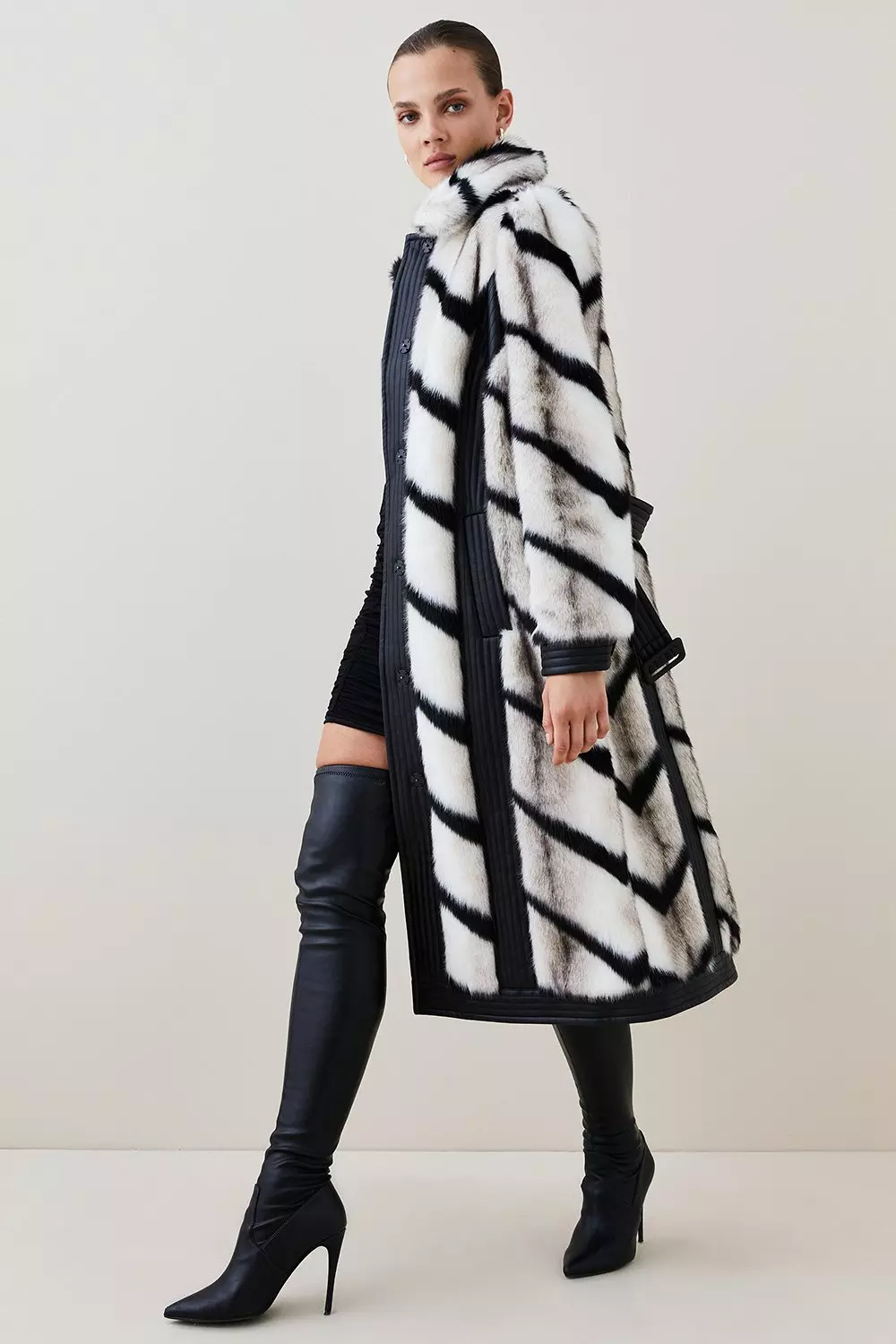 Panelled Stripe Faux Fur Pu Belted Long Coat Karen Millen