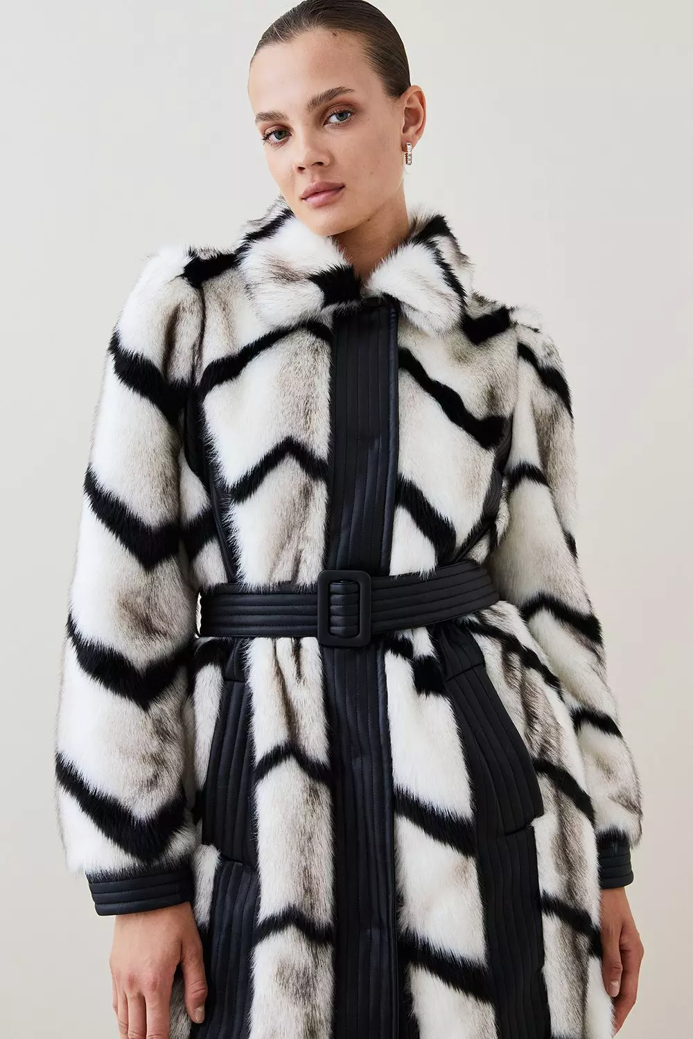 Panelled Stripe Faux Fur Pu Belted Long Coat | Karen Millen