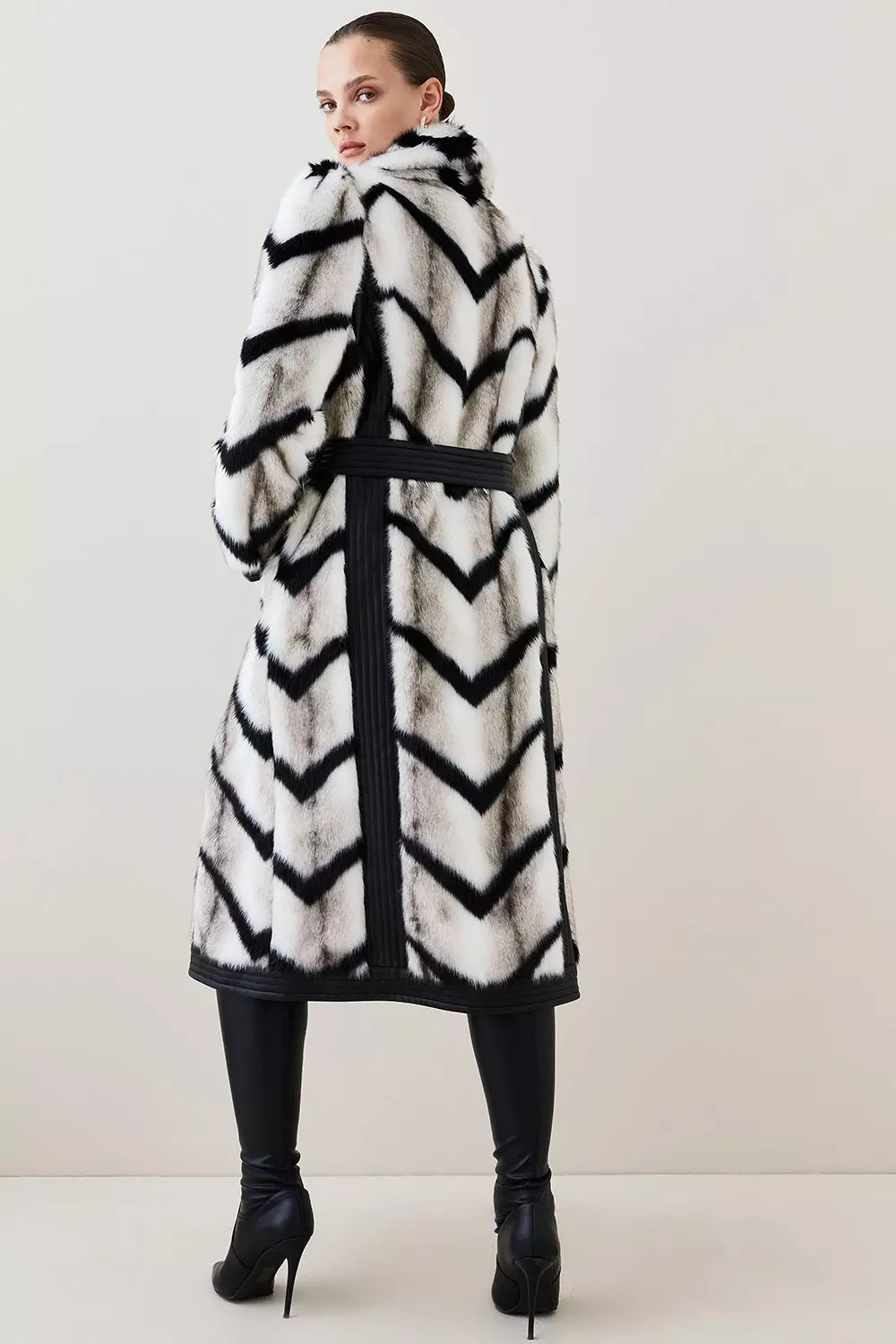 Panelled Stripe Faux Fur Pu Belted Long Coat | Karen Millen