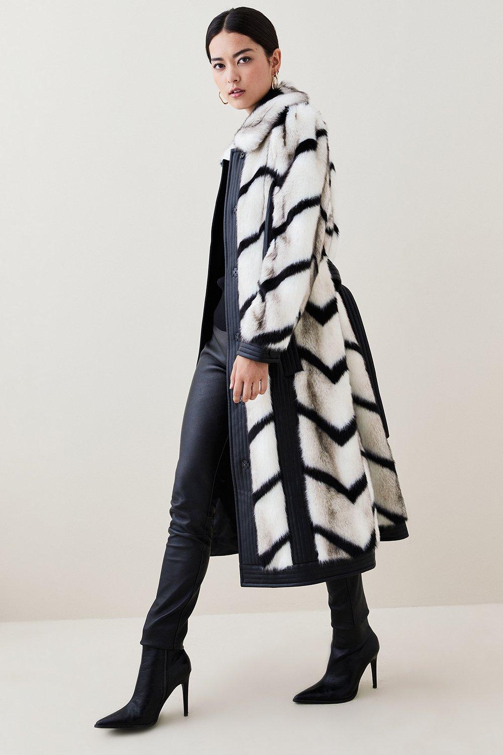 Petite Panelled Stripe Faux Fur Pu Belt Coat | Karen Millen