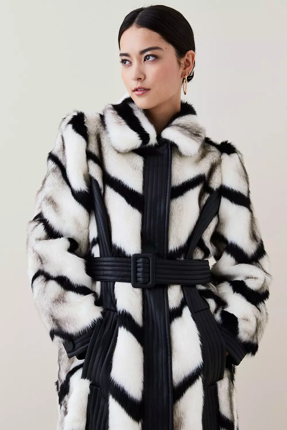 Petite Panelled Stripe Faux Fur Pu Belt Coat | Karen Millen