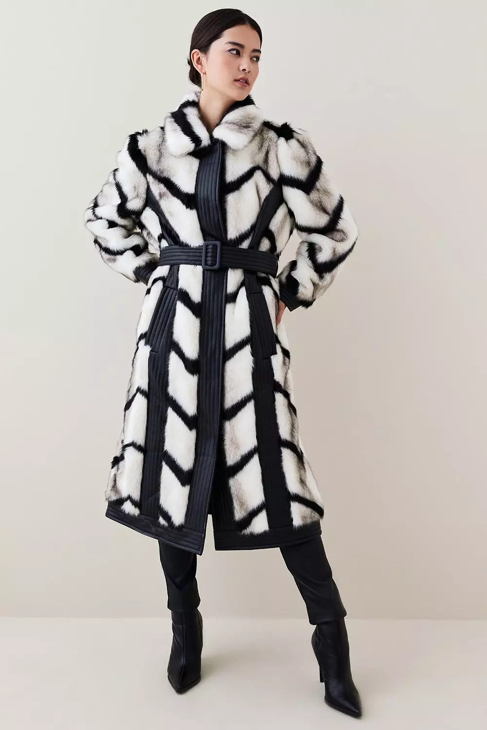 Petite Black Belted Faux Fur Coat