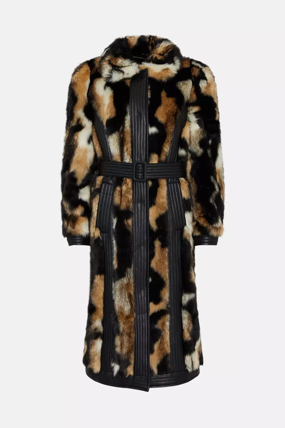 Panelled Mixed Faux Fur Pu Belted Long Coat Karen Millen