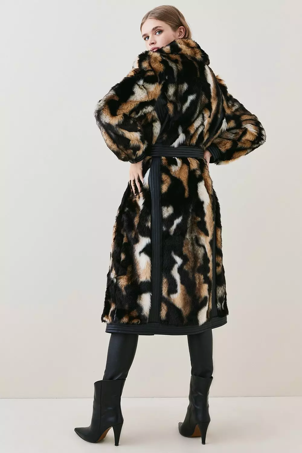 Panelled Mixed Faux Fur Pu Belted Long Coat