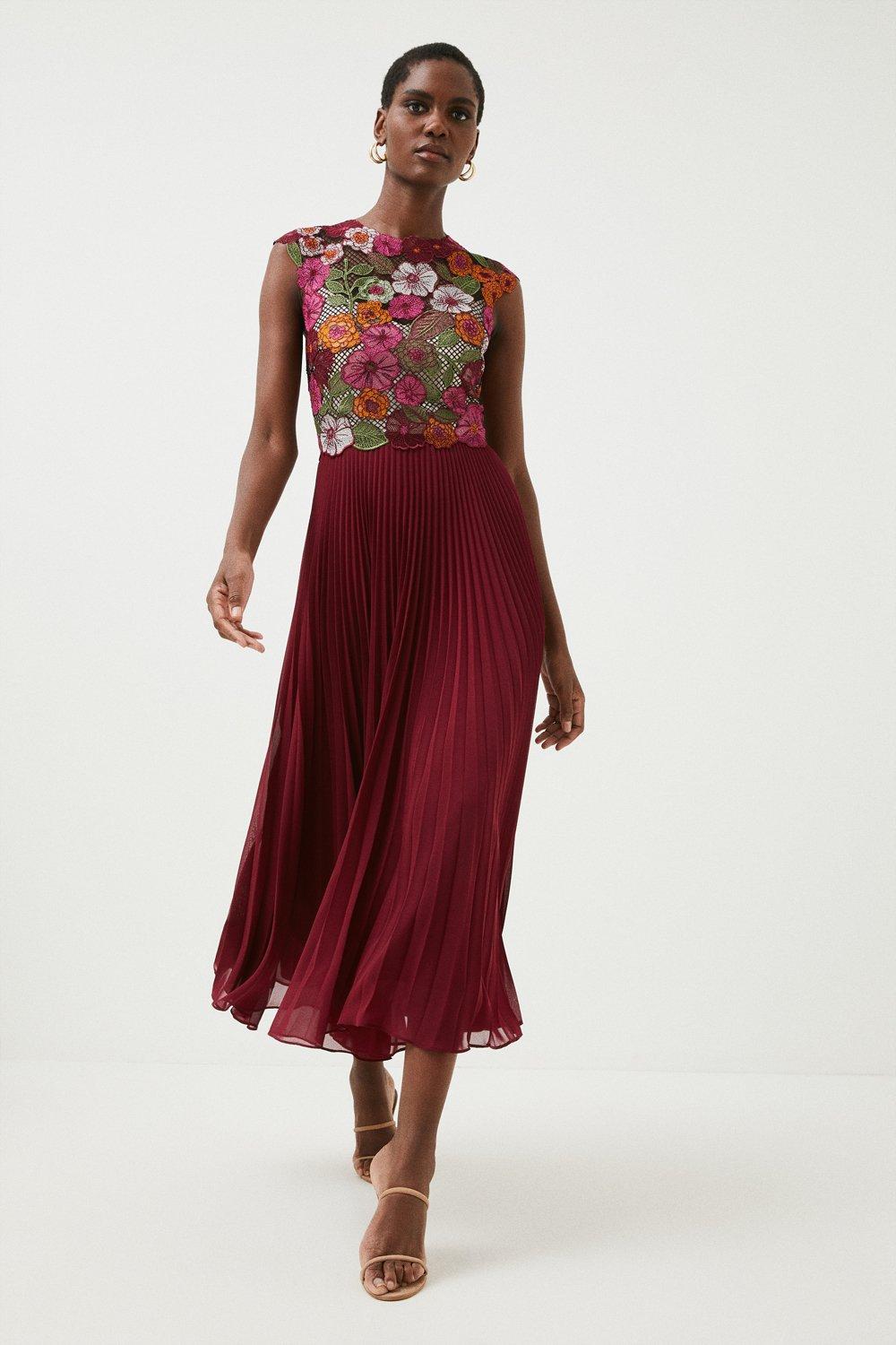 Embroidered pleated cheap midi dress