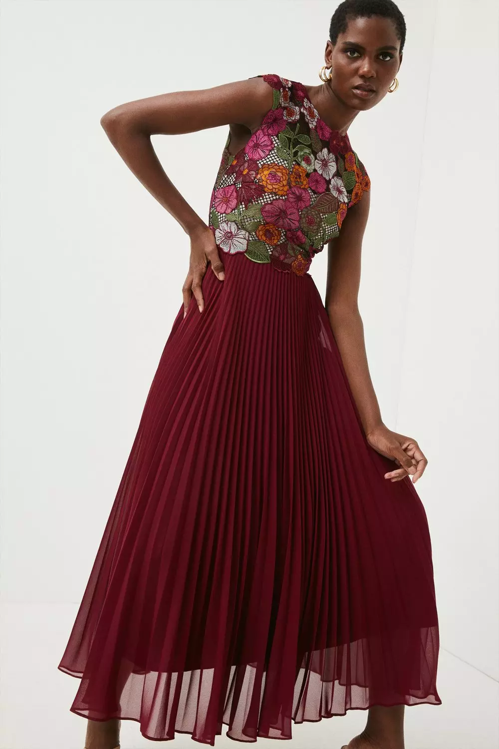 Embroidered pleated midi clearance dress